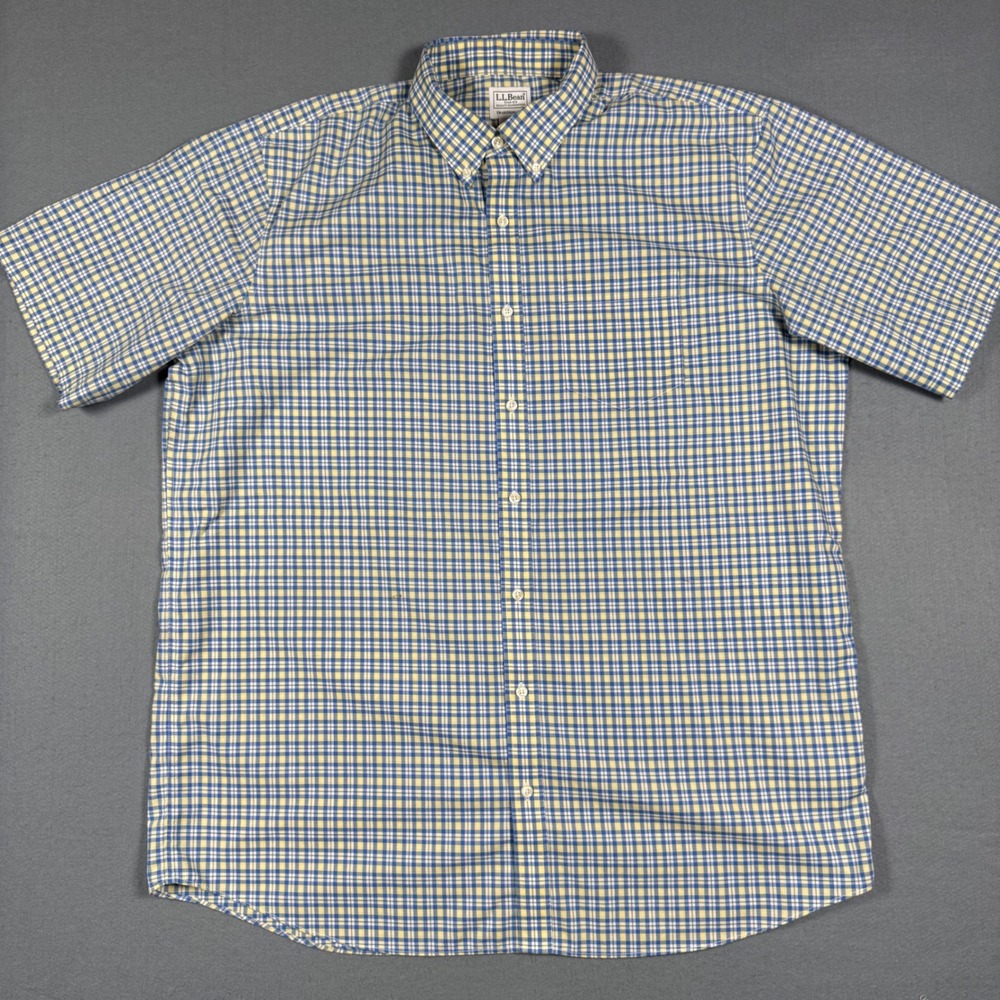 LL Bean Shirt Mens XL Tall Blue Yellow Plaid Cotton Short Sleeve Button Down